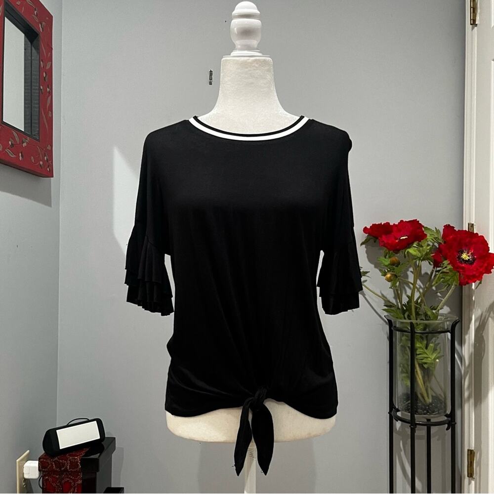 NEW Caution To The Wind Flutter Ruffle Short Sleeve Tie Waist Contrast Top M
